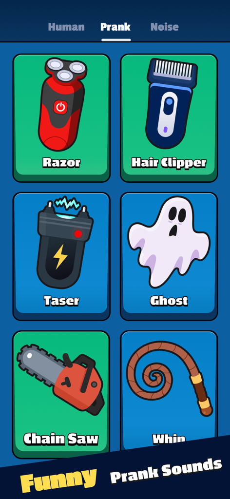 Prank Sounds - Fart Button App - Interface of Prank Sounds app showing buttons for razor, hair clipper, taser, ghost, chain saw, and whip sound effects.