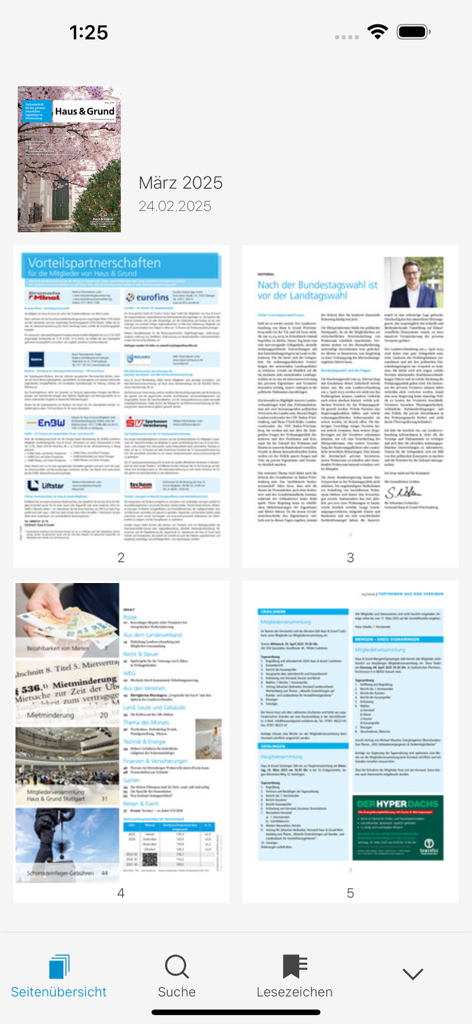 Smartphone screen displaying a grid of pages from the Haus and Grund Wuerttemberg digital magazine