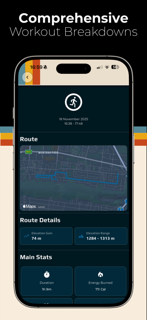 Re:Fit - Re Fit fitness app workout breakdown screen displaying route map and activity statistics