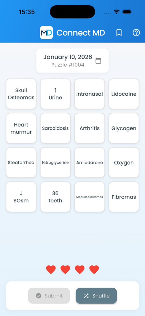 Connect-MD - Interfaz de la aplicación Connect-MD que muestra una cuadrícula de rompecabezas de agrupación de palabras médicas con dieciséis términos clínicos