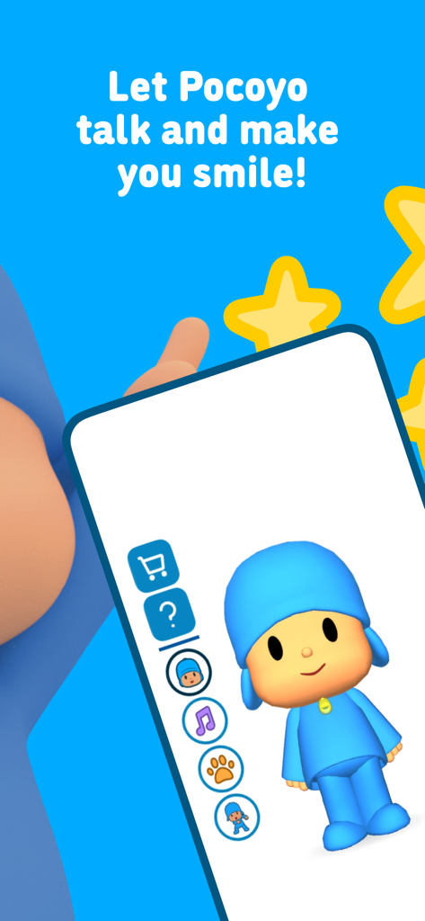 Talking Pocoyo - Personaje de Pocoyó Parlanchín en la pantalla de un smartphone con iconos de juego interactivos