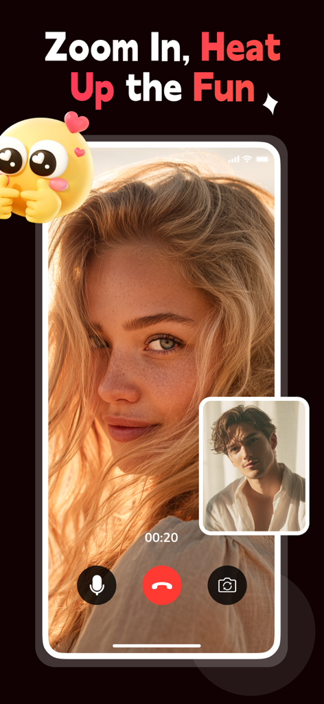 Adult Flirt Meetup App - XDate - Interfaz de la aplicación XDate que muestra una videollamada en vivo entre dos usuarios para una verificación de ambiente en tiempo real.