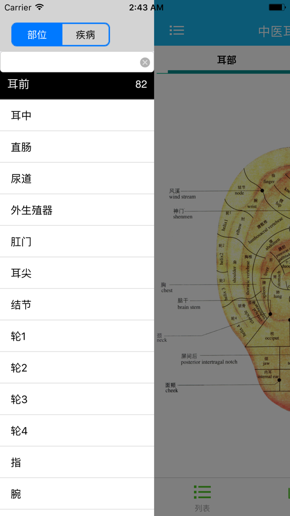 Mobile App-Oberfläche, die ein detailliertes Diagramm von Ohrakupunkturpunkten und eine durchsuchbare Liste von Körperteilen auf Chinesisch zeigt.