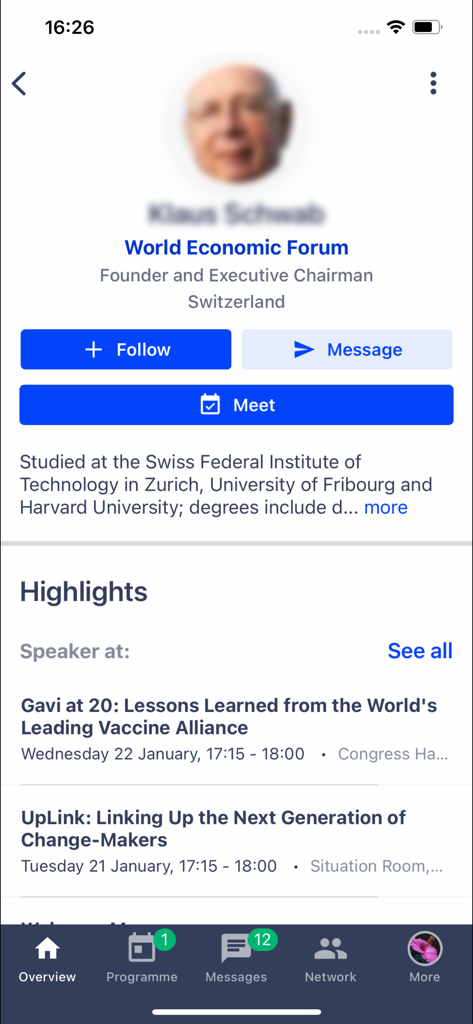 A user profile on the TopLink app featuring Klaus Schwab with options to follow, message, and meet, alongside highlights of his speaking engagements.