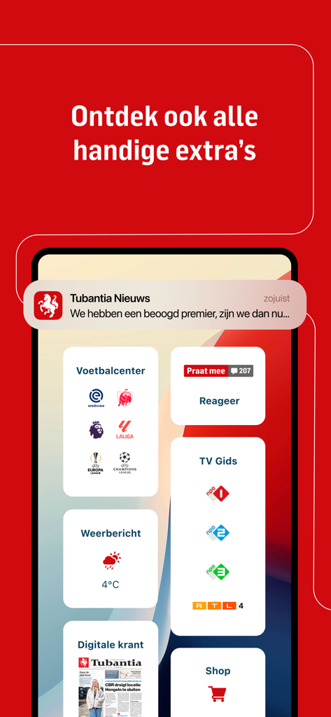 Pantalla de smartphone que muestra widgets de la aplicación Tubantia Nieuws para resultados de fútbol, pronóstico del tiempo, guía de TV y periódico digital.