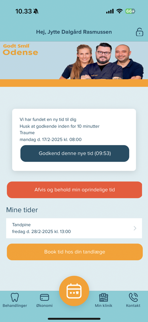 Godt Smil dental app interface showing an appointment offer found through the waitlist feature.