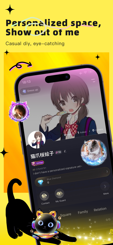 Interfaccia del profilo utente personalizzato per amanti dei gatti sull'app social 花猫Meow