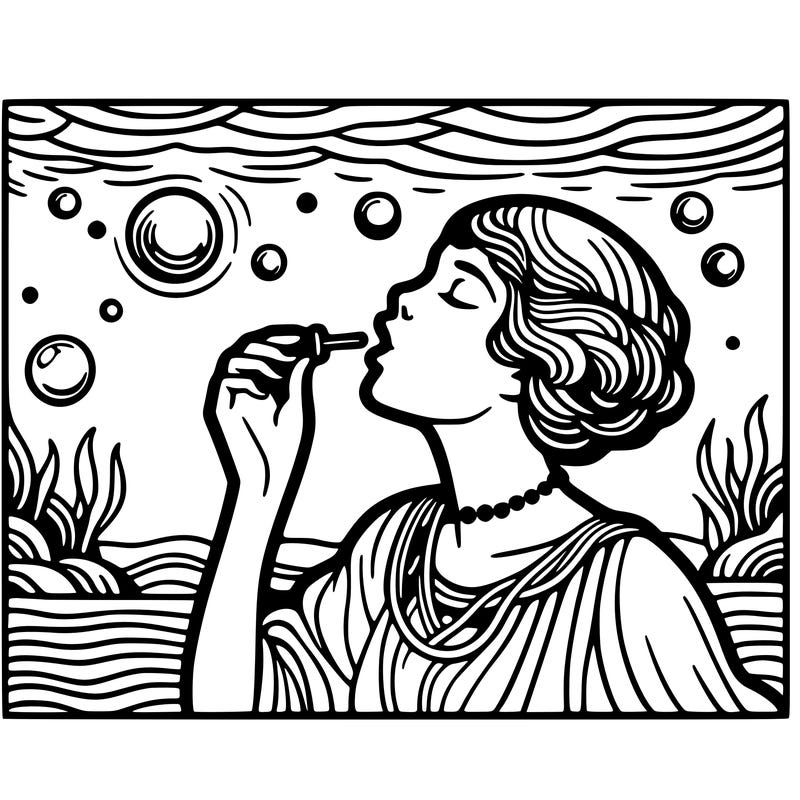 pop art style woman blowing a bubble underwater