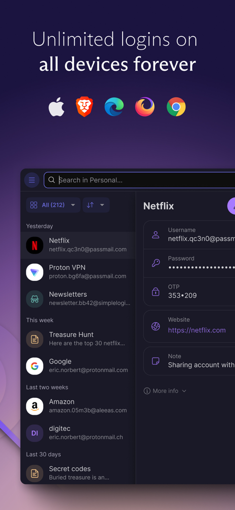 A screenshot showing the Proton Pass app interface with a list of saved logins like Netflix and Google, highlighting the feature of unlimited logins across all devices including Apple, Brave, Edge, Firefox, and Chrome.