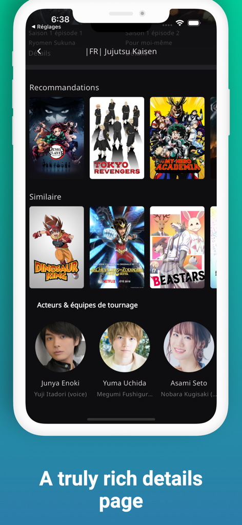 NexTv app interface showing a comprehensive show details page with recommendations and cast info