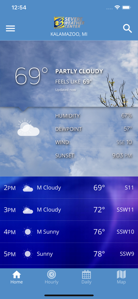 WWMT Weather Alert Network app showing current weather and hourly forecast for Kalamazoo.