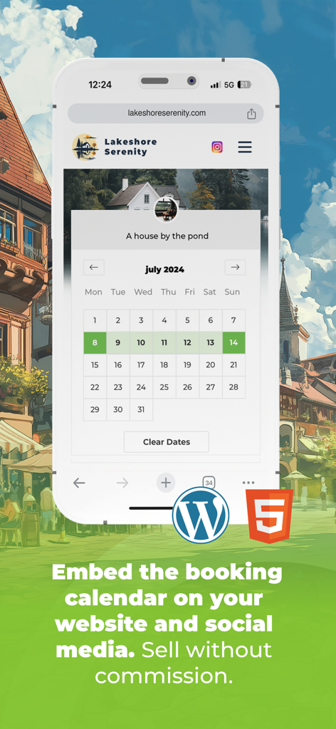 BedBooking booking calendar - WordPressとHTML5のアイコンが表示された、ウェブサイトに埋め込まれた物件レンタル予約カレンダーウィジェットを示すモバイル画面。