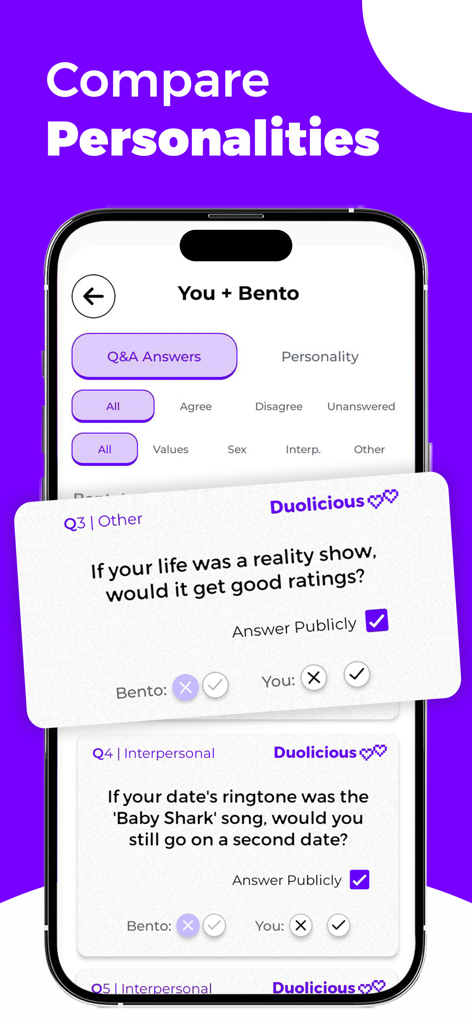 Captura de pantalla de la app de citas Duolicious que muestra la función de comparación de personalidad con preguntas divertidas del cuestionario entre dos usuarios.