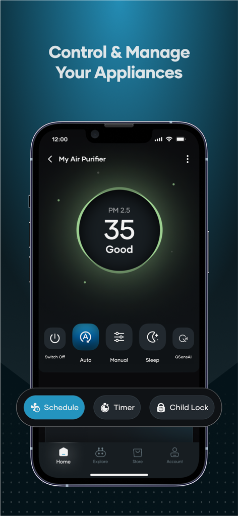Qubo - Tela do smartphone mostrando a interface do aplicativo Qubo para controlar um purificador de ar inteligente com status e configurações de qualidade do ar