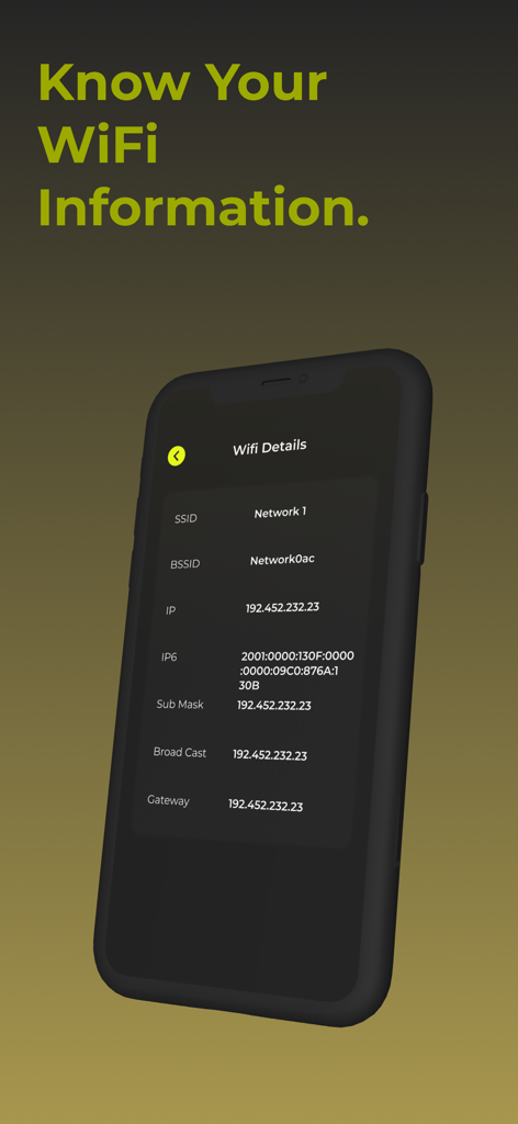 Portable WiFi - Hotspot - Pantalla de la aplicación móvil que muestra información detallada de la red WiFi, incluida la dirección IP y el SSID.