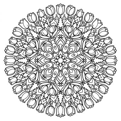 Celebrate the holiday season with our enchanting Christmas Tulip Mandala coloring page, a unique blend of delicate floral beauty and festive cheer. Uncover hidden Christmas trees, ornaments, and gifts within the radially symmetrical design, offering a delightful and detailed coloring experience for all ages.
