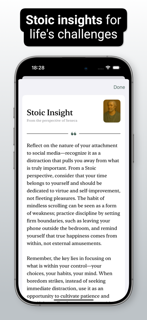 Stoicism - Praxis - A mobile phone screen from the Stoicism Praxis app displaying a philosophical insight from Seneca about social media distractions.