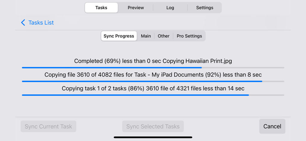 Sync Folders Pro interface showing multiple progress bars for file synchronization tasks