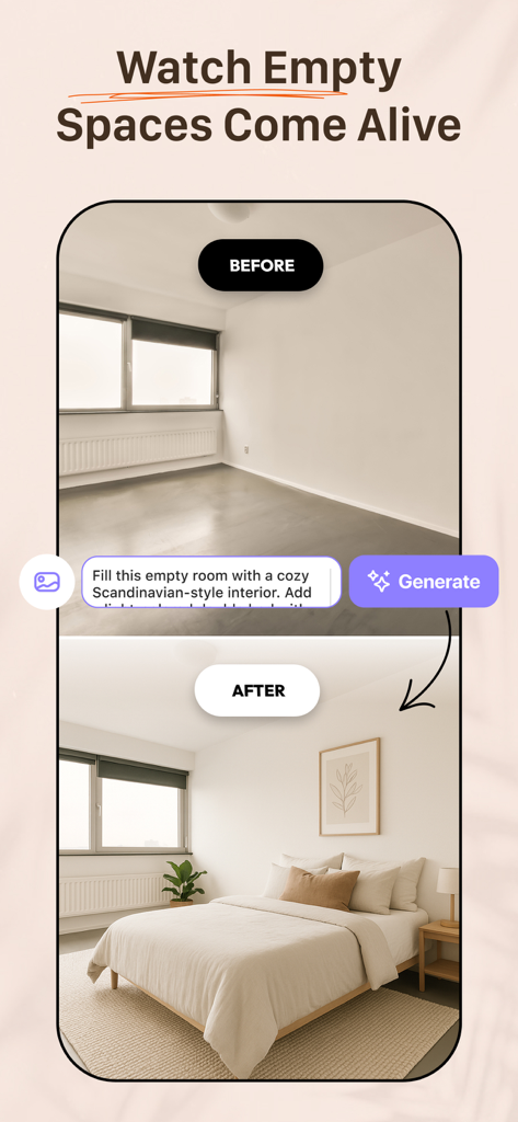 空の部屋が、AIインテリアデザインを使用して居心地の良いスカンジナビアン風の寝室に変換された、前後の比較。