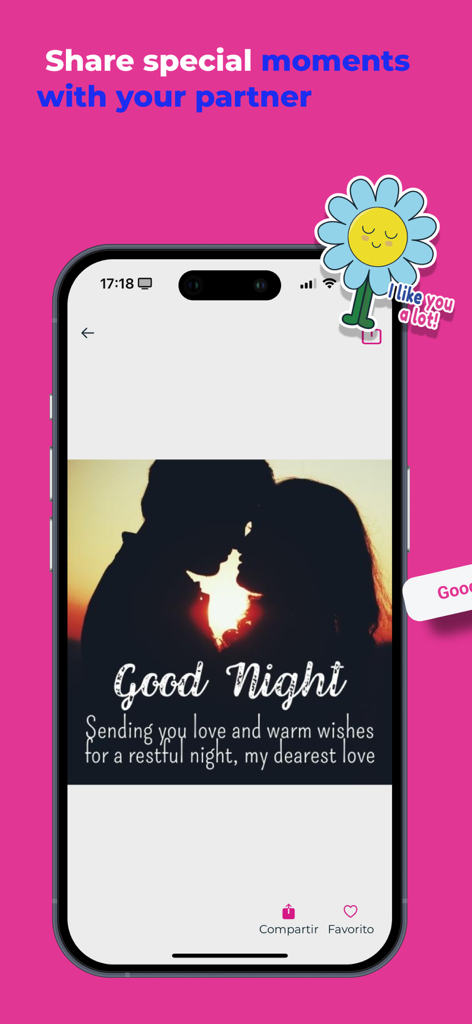 Good Morning Afternoon & Night - A smartphone showing a romantic good night message with a couple silhouetted at sunset