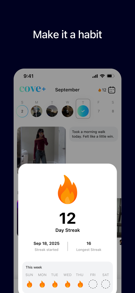Interfaz de la aplicación Cove que muestra una racha de 12 días documentando la vida diaria y los hábitos.