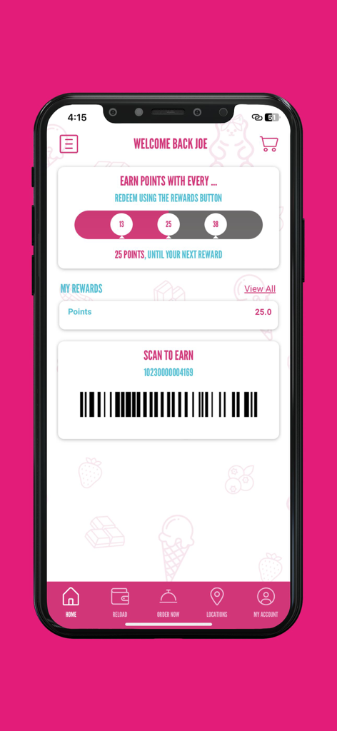 Marble Slab - Marble Slab app rewards dashboard showing points balance and a scan to earn barcode
