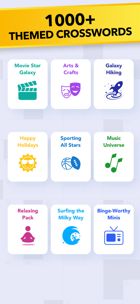 Menu screen displaying various themed crossword puzzle categories such as Movies Sports and Music