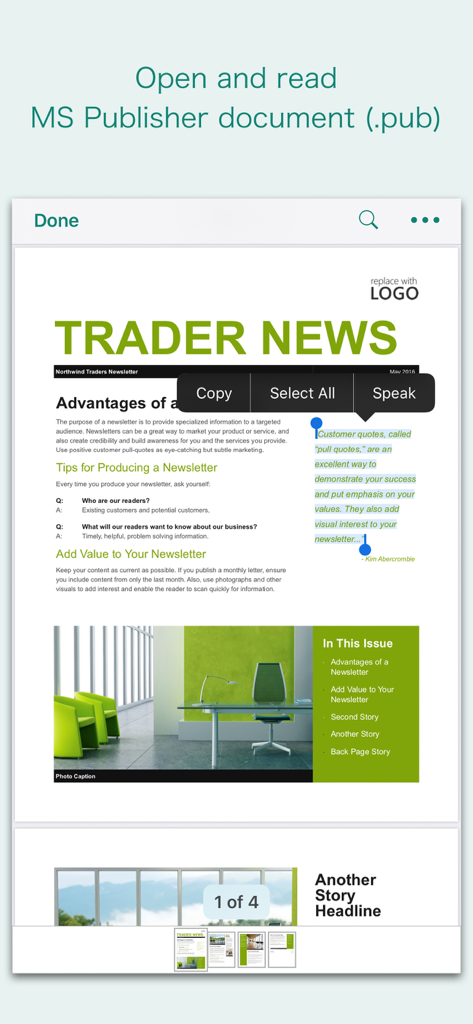 Interface of PUB Reader app showing a Microsoft Publisher newsletter with text selection options on a mobile device.