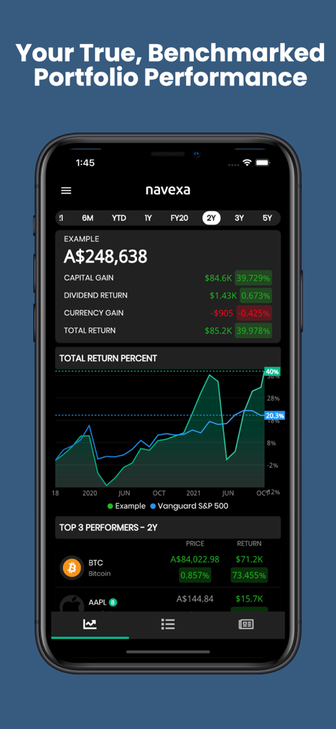 Navexa Portfolio Tracker - Navexa mobile app dashboard showing portfolio performance metrics and a benchmark comparison chart against the S&P 500