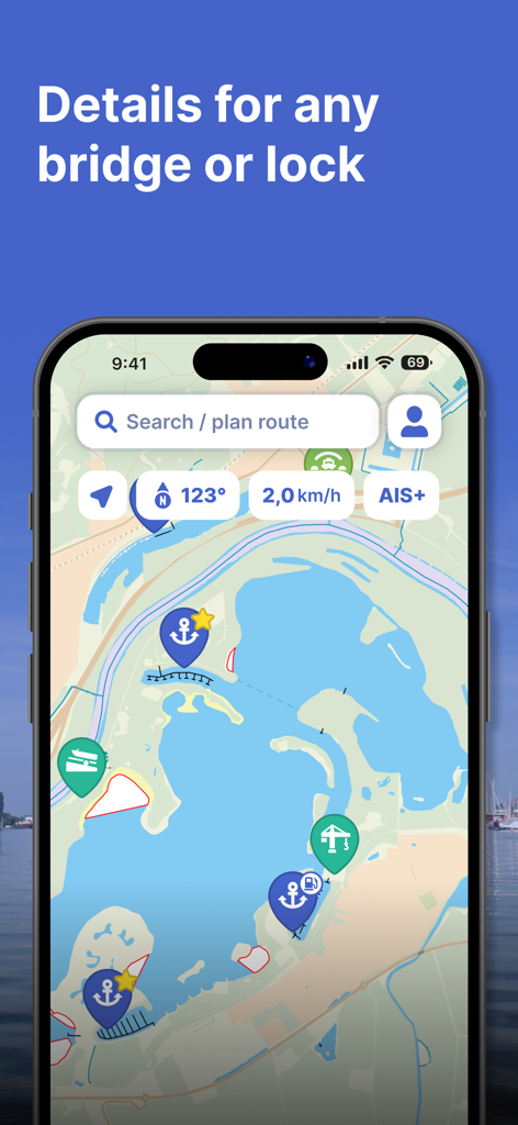 Mobile App-Bildschirm zeigt eine Seekarte mit Symbolen für Brücken und Schleusen