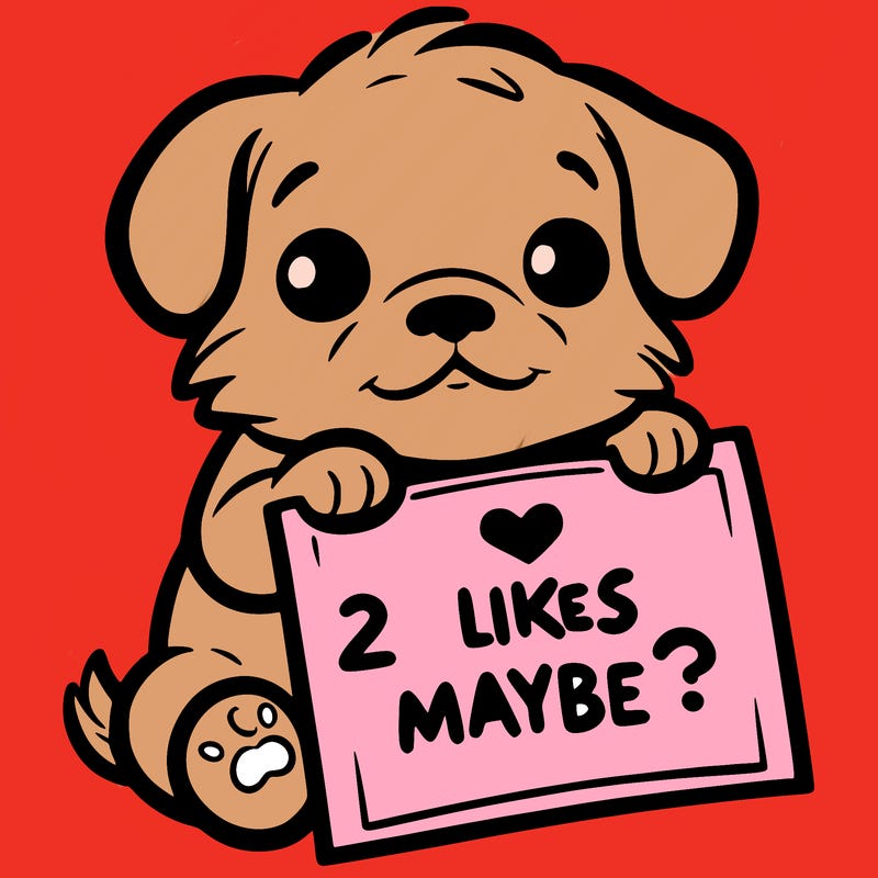 a puppy holding a sign that says 2 likes maybe?
