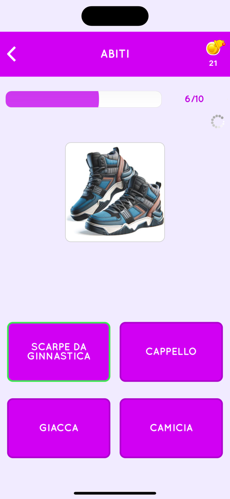 Learn Italian beginners - Italian language learning quiz screen featuring a picture of sneakers and vocabulary options.
