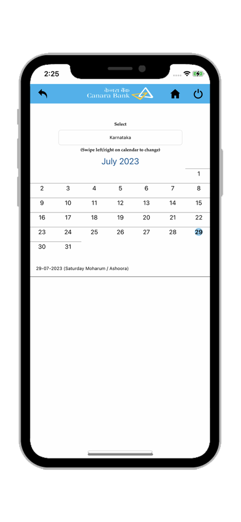 Canara Bank ePassbook app interface displaying a branch holiday calendar for the state of Karnataka