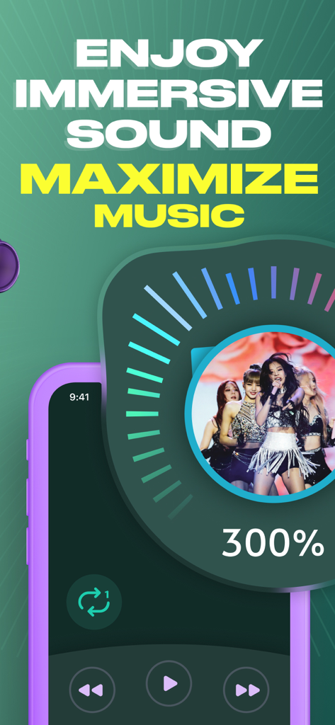 Sound Amplifier | Volume Boost - Schermata dello smartphone che mostra l'app Sound Amplifier con un aumento di volume del trecento percento e funzionalità audio immersiva per la musica