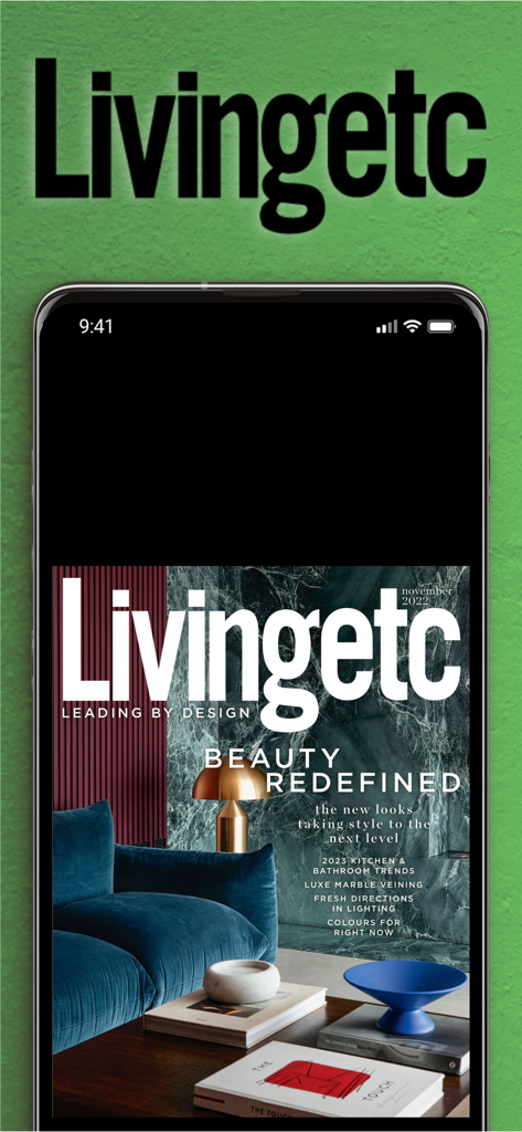 Livingetc Magazine NA - Livingetc Magazine app on a smartphone displaying a modern interior design magazine cover