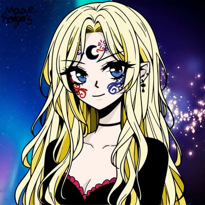 anime beautiful vampire mean girl, small crescent moon tattoo on forehead, long light hair, attitude