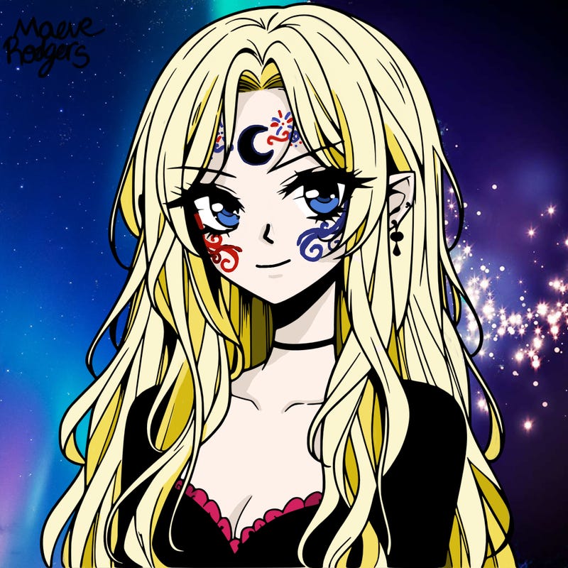 anime beautiful vampire mean girl, small crescent moon tattoo on forehead, long light hair, attitude
