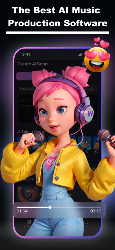 Music Maker: AI Song Generator - Una cantante animada de pelo rosa frente a la interfaz del generador de canciones IA Music Maker