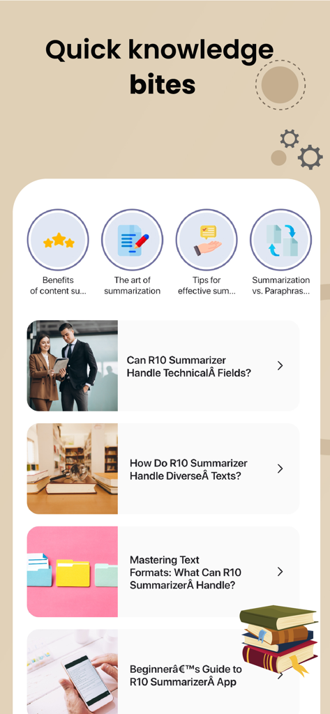 AI Summary: Text & Image - Interfaz de la aplicación que muestra la sección de 'Bocados de conocimiento rápido' con guías y artículos sobre el resumen de texto con IA.
