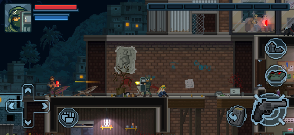 Door Kickers: Action Squad - SWAT trooper with a ballistic shield engaging enemies in a pixel art tactical side-scroller.