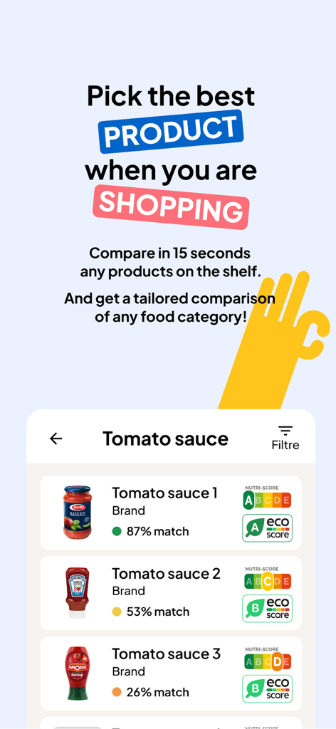 Open Food Facts - Product Scan - A comparison of tomato sauce products in the Open Food Facts app showing Nutri-Score and Eco-Score ratings