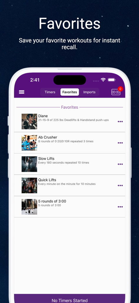 The Favorites screen of the GymNext Flex Timer app showing a list of saved personalized workouts for quick access.