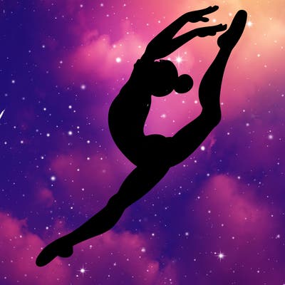 gymnast doing a leap in a leotard with a bent back leg