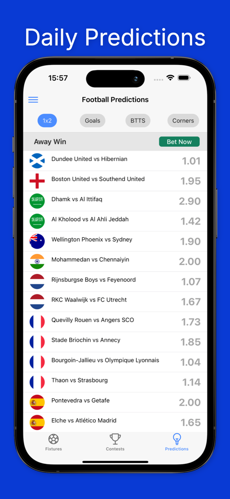 Afriscores: Soccer Predictions - 国際試合のベッティングオッズが表示された毎日のサッカー予測を示すAfriscoresアプリのiPhoneスクリーンショット