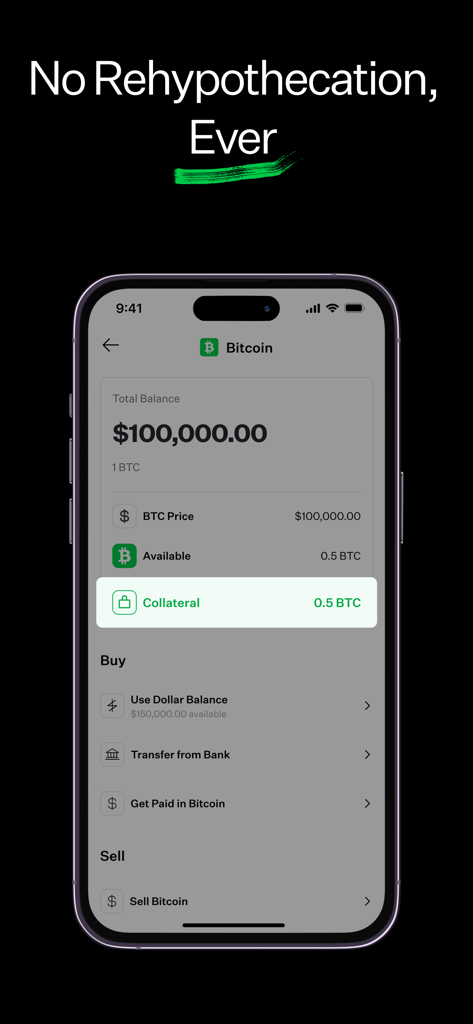 Lava: Secure Bitcoin Loans - Lavaアプリのスマートフォン画面。ビットコイン残高と「再担保化は決して行われません」という見出しの下の担保詳細が表示されています。