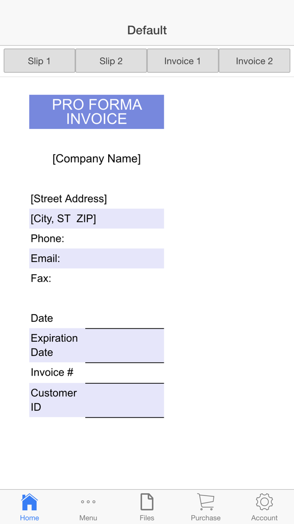 Packing Slip - A pro forma invoice template screen inside the Packing Slip mobile application for small business owners.
