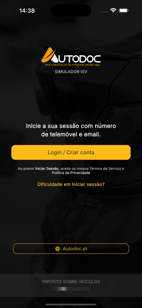 AutoDoc - Pantalla de inicio de sesión de AutoDoc para el simulador de impuestos de vehículos ISV