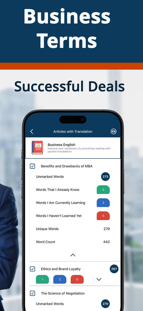 Business English app interface displaying reading articles and vocabulary stats
