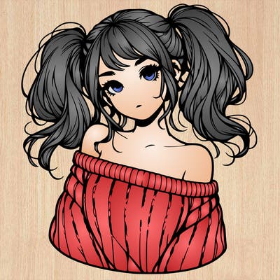 realistic girl wearing a sweater that falls off her shoulders with her hair in two high pigtails
