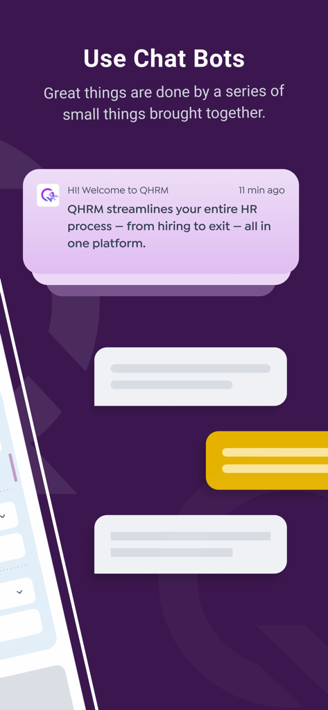 Pantalla de la aplicación móvil QHRM-V3 que muestra el chatbot de RR. HH. y la interfaz de mensajería automatizada para la gestión de empleados.